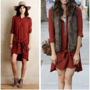 Maeve Anthro Shirt Dress Bloomsbury Rust Tie Front Relaxed Boho Chic Trendy 6